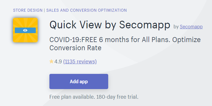 Install Quick View shopify app by secomapp-6 months free Covid19